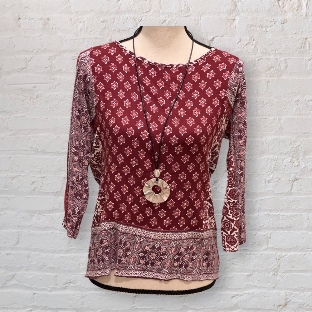 Lucky Brand Burgundy Print Boho Top 3/4 Sleeve